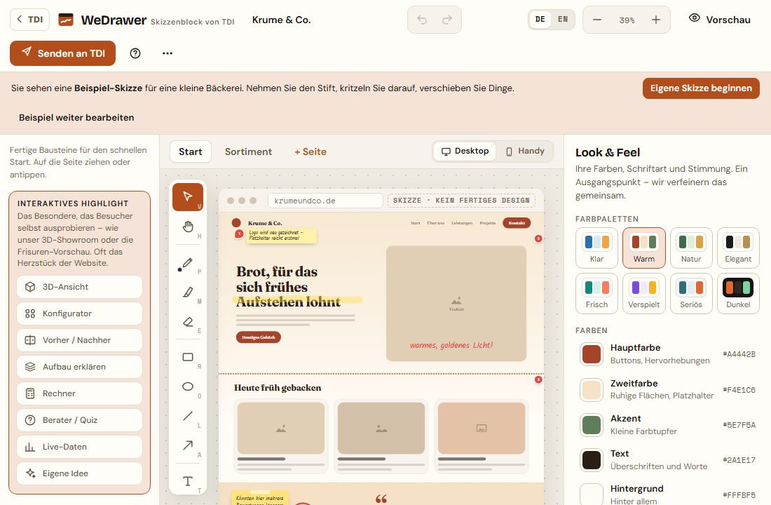 WeDrawer: Website-Skizze für die Beispielbäckerei Krume mit Bausteinen und Zeichenwerkzeugen